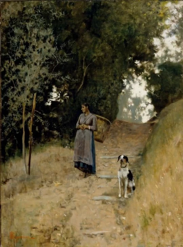 La moglie del contadino con canestro e cane